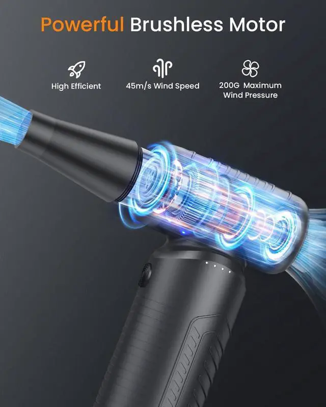 Alt view image 2 of 7 - Compressed Air Duster 200 000 RPM Electric Air Duster for Computer 3 Gear Adjustable High-Speed Air Blower 9 000mAh Large Battery Reusable no Canned Keyboard Cleaner for Office Home Car