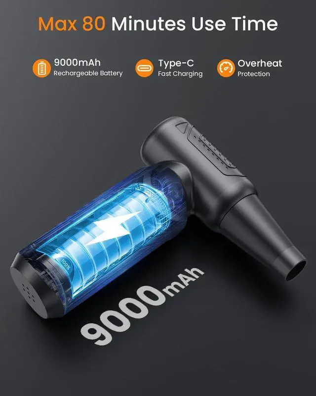 Alt view image 6 of 7 - Compressed Air Duster 200 000 RPM Electric Air Duster for Computer 3 Gear Adjustable High-Speed Air Blower 9 000mAh Large Battery Reusable no Canned Keyboard Cleaner for Office Home Car