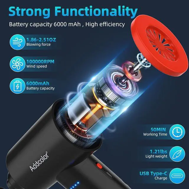 Alt view image 2 of 7 - Compressed Air Duster 6000mAh Battery - Electric Air Duster Addcolor AD-38 Keyboard Cleaner for Office-3 Adjustable Wind Speeds with LED Light Cordless & Reusable Canned Air Duster for Computers