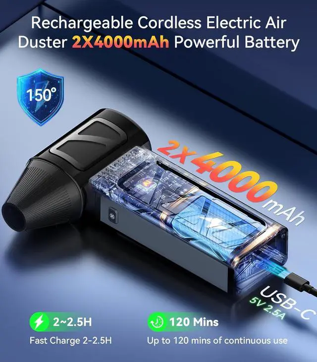 Alt view image 4 of 7 - Compressed Air Duster 350000 RPM Electric Air Duster Rechargeable Cordless Air Blower Power Turbo Fan 5 Gears Adjustable Jet Dry Blower Replace Air Can for Keyboard Computer Car Outdoor Home