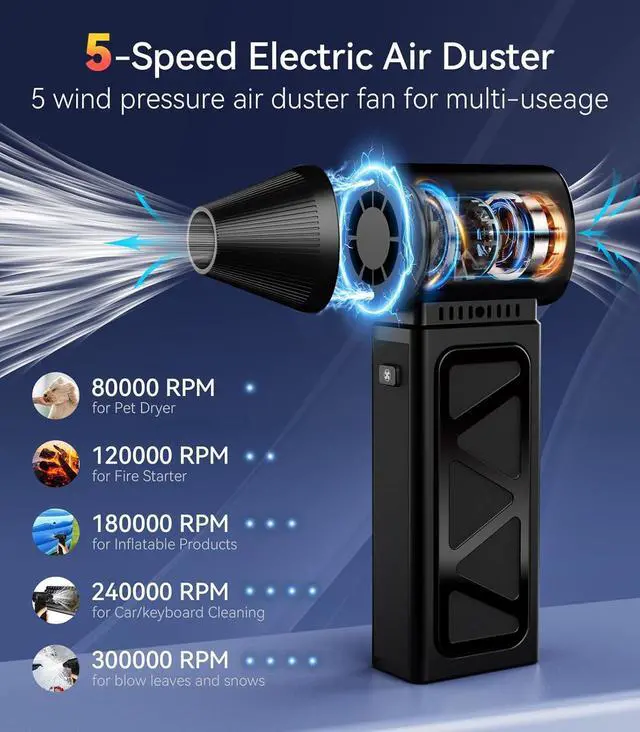 Alt view image 5 of 7 - Compressed Air Duster 350000 RPM Electric Air Duster Rechargeable Cordless Air Blower Power Turbo Fan 5 Gears Adjustable Jet Dry Blower Replace Air Can for Keyboard Computer Car Outdoor Home