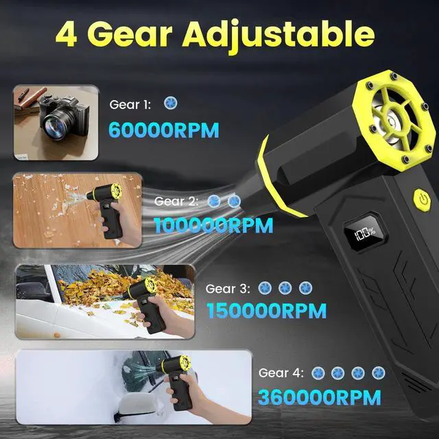 Alt view image 3 of 7 - Compressed Air Duster 360000RPM Electric Air Duster with LED Display 4 Gear Adjustable Rechargeable Cordless Jet Dry Blower Replace Compressed Air Can Air Duster for Car Computer Home Outdoors