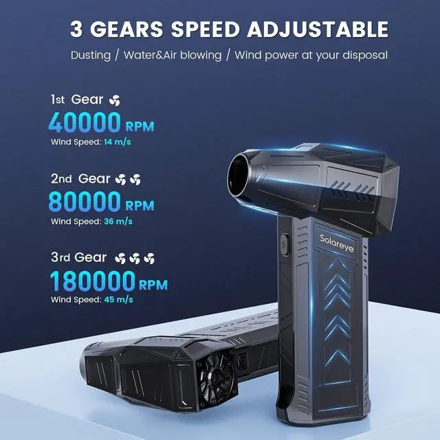Alt view image 4 of 7 - Compressed Air Duster - 180000RPM Electric Air Duster - Cordless Air Blower Rechargeable - 3 Gears Adjustable Jet Dry Blower with Brushless Motor for Cleaning Keyboard PC Car Home Outdoor