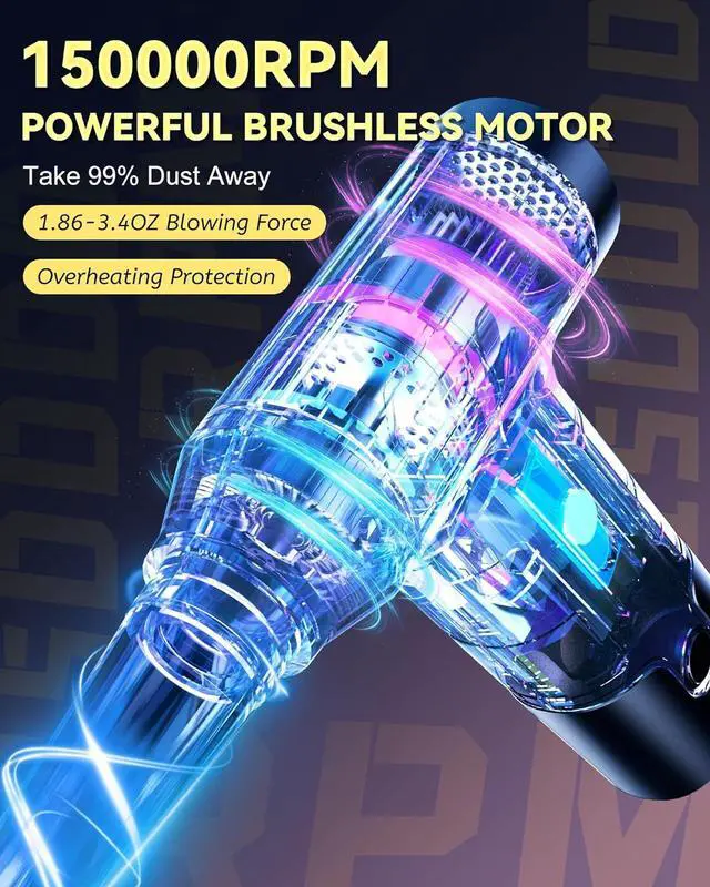 Alt view image 2 of 7 - Electric Air Duster - 150000RPM 2-in-1 Compressed Air for PC Keyboard Cleaner Stepless Speed Blower for Car and Home Rechargeable Replaces Canned Air