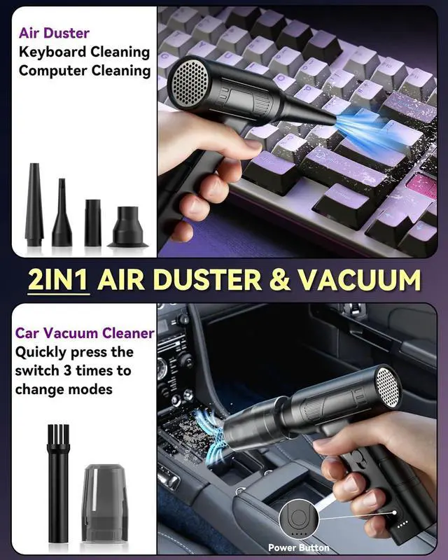 Alt view image 4 of 7 - Electric Air Duster - 150000RPM 2-in-1 Compressed Air for PC Keyboard Cleaner Stepless Speed Blower for Car and Home Rechargeable Replaces Canned Air