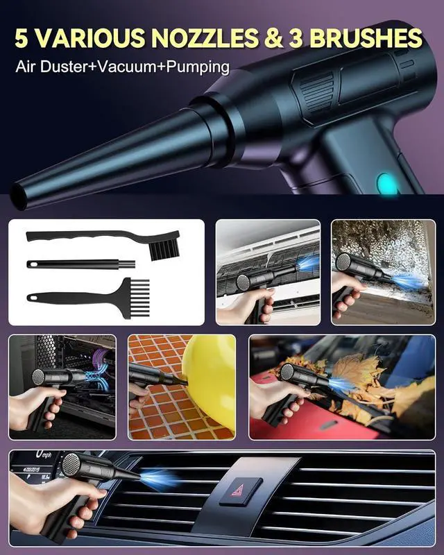 Alt view image 7 of 7 - Electric Air Duster - 150000RPM 2-in-1 Compressed Air for PC Keyboard Cleaner Stepless Speed Blower for Car and Home Rechargeable Replaces Canned Air