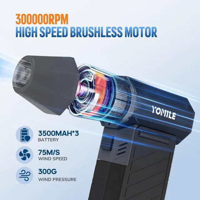 Alt view image 3 of 7 - Electric air Duster - 300000RPM Brushless 3 Speeds Turbo Fan JetFan 10500mAh Battery Compressed Air Duster Cordless Dust Blower Air Blower for Computer Keyboard Outdoors Car Home