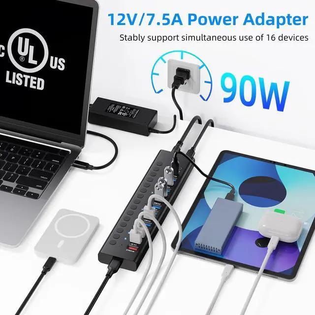 Alt view image 3 of 7 - Powered USB 3.0 Hub 16-Port USB C Hub Splitter (10 USB 3.0+2 QC 3.0+2 Smart Charging+2 USB-C 3.0) with Individual Switches 12V 7.5A 90W UL Certified Power Adapter for Laptop Mac PC Computer