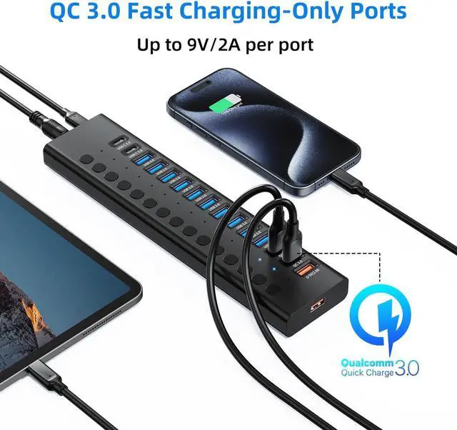 Alt view image 5 of 7 - Powered USB 3.0 Hub 16-Port USB C Hub Splitter (10 USB 3.0+2 QC 3.0+2 Smart Charging+2 USB-C 3.0) with Individual Switches 12V 7.5A 90W UL Certified Power Adapter for Laptop Mac PC Computer