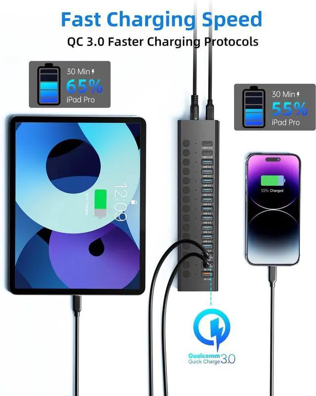 Alt view image 6 of 7 - Powered USB 3.0 Hub 16-Port USB C Hub Splitter (10 USB 3.0+2 QC 3.0+2 Smart Charging+2 USB-C 3.0) with Individual Switches 12V 7.5A 90W UL Certified Power Adapter for Laptop Mac PC Computer