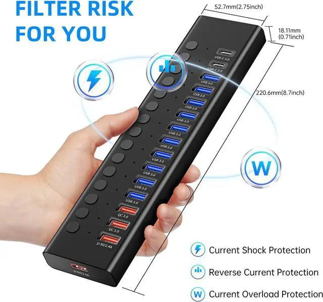 Alt view image 7 of 7 - Powered USB 3.0 Hub 16-Port USB C Hub Splitter (10 USB 3.0+2 QC 3.0+2 Smart Charging+2 USB-C 3.0) with Individual Switches 12V 7.5A 90W UL Certified Power Adapter for Laptop Mac PC Computer