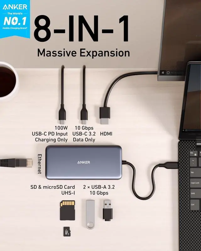 Alt view image 2 of 7 - 555 USB-C Hub (8-in-1) with 85W Power Delivery 4K 60Hz HDMI Port 10Gbps USB C and 2 A Data Ports Ethernet microSD SD Card Reader for MacBook Pro More