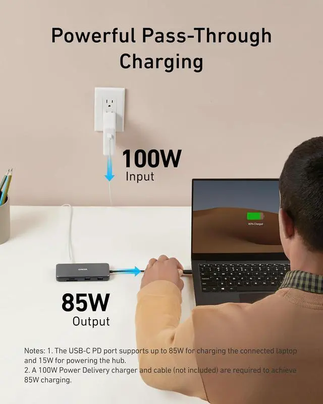 Alt view image 4 of 7 - 555 USB-C Hub (8-in-1) with 85W Power Delivery 4K 60Hz HDMI Port 10Gbps USB C and 2 A Data Ports Ethernet microSD SD Card Reader for MacBook Pro More
