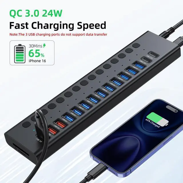 Alt view image 4 of 7 - Powered USB Hub 17-Port 90W USB 3.0 Hub (10 USB 3.0 Ports+3 QC24W Fast Charging Ports+2 USB-C 3.0 Ports+SD/TF Card Reader) Individual On/Off Switches 12V/7.5A Power Adapter for Laptop PC