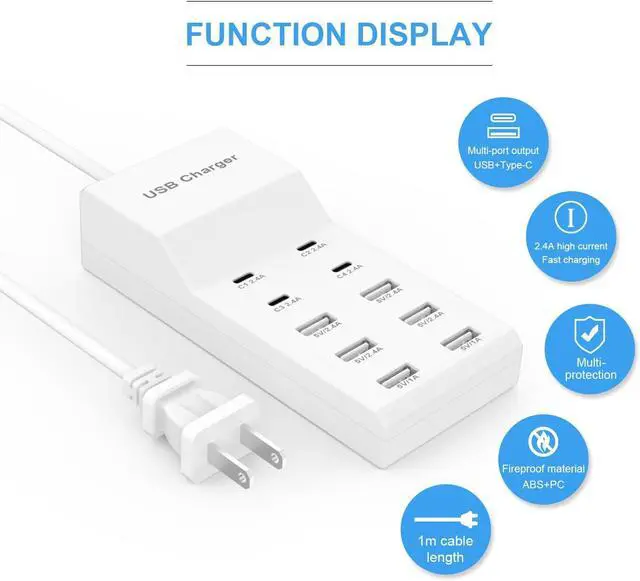 Alt view image 2 of 7 - USB Charging Station for Multiple Devices USB Wall Charger Power Hub Strip Smart Plug Charging Dock Desktop Charge Block 4 USB C 6 USB A Ports Compatible with iPhone 15/iPad/iPod/Galaxy S Smart Phones