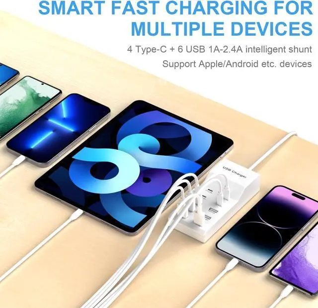 Alt view image 4 of 7 - USB Charging Station for Multiple Devices USB Wall Charger Power Hub Strip Smart Plug Charging Dock Desktop Charge Block 4 USB C 6 USB A Ports Compatible with iPhone 15/iPad/iPod/Galaxy S Smart Phones