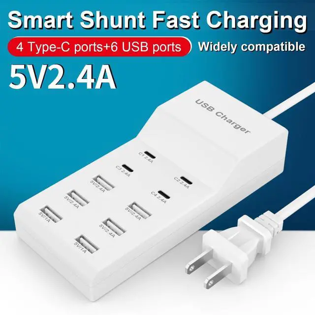 Alt view image 7 of 7 - USB Charging Station for Multiple Devices USB Wall Charger Power Hub Strip Smart Plug Charging Dock Desktop Charge Block 4 USB C 6 USB A Ports Compatible with iPhone 15/iPad/iPod/Galaxy S Smart Phones