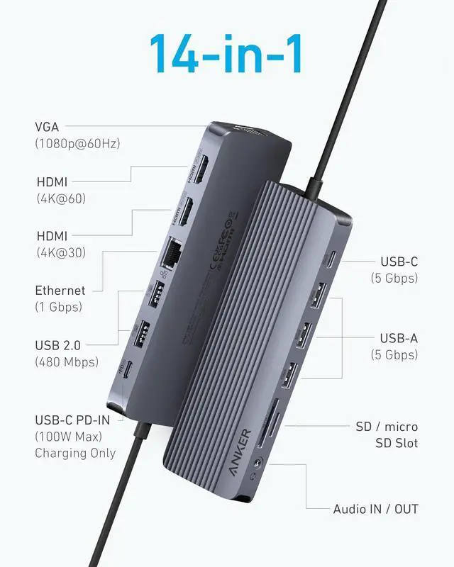 Alt view image 2 of 5 - Anker Laptop Docking Station, 14 in 1 USB C Hub, Triple Display with 2 x 4K HDMI, 1080p VGA, 80W Power Delivery, 5Gbps USB-A/C Data Ports for MacBook, Dell XPS and More (Charger not Included)