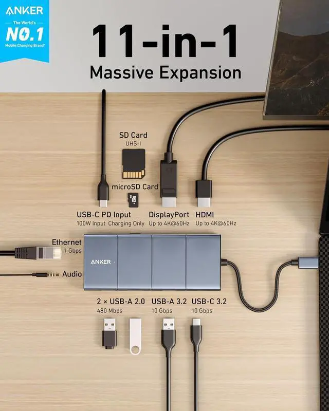 Alt view image 2 of 7 - USB C Hub 11-in-1 Docking Station Dual Monitor 10 Gbps USB-C and USB-A Data Ports 4K HDMI and DisplayPort 100W Power Delivery 2 Data Ports Ethernet for XPS and More