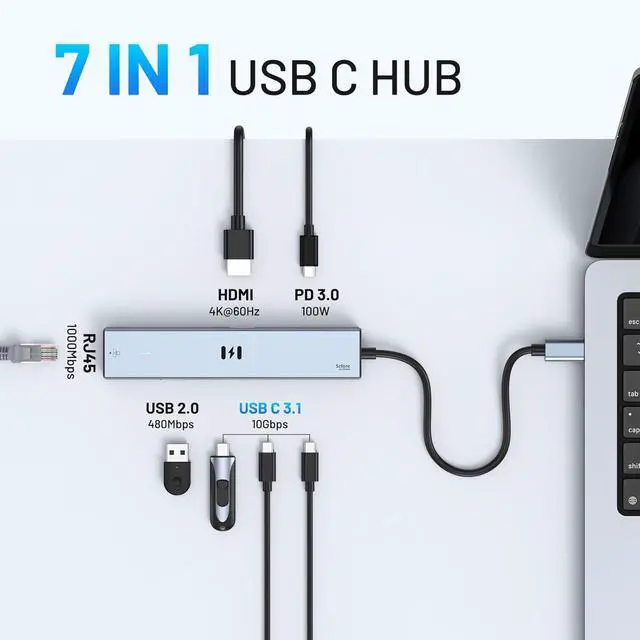 Alt view image 2 of 7 - Selore 10Gbps USB C Hub Multiport Adapter Ethernet Adapter with 4K@60Hz HDMI Gigabit Ethernet 3 USB C Ports 100W PD USBC Dongle for MacBook Pro Air iPad HP  etc