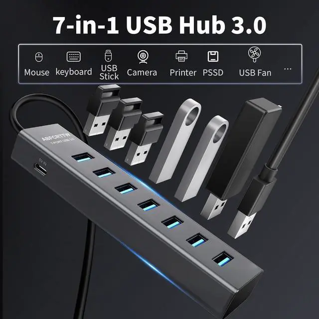 Alt view image 4 of 7 - 4Ft 7-Port USB 3.0 Hub for Desktop - Aluminium USB Extender Hub 5Gbps USB Multiport Adapter USB Splitter USB Hub Long Cable for Desktop PC Flash Drive Mobile HDD Windows/XPS 1.2m