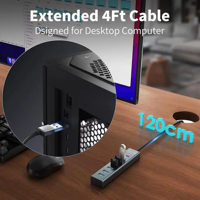 Alt view image 3 of 7 - 4Ft 7-Port USB 3.0 Hub for Desktop - Aluminium USB Extender Hub 5Gbps USB Multiport Adapter USB Splitter USB Hub Long Cable for Desktop PC Flash Drive Mobile HDD Windows/XPS 1.2m