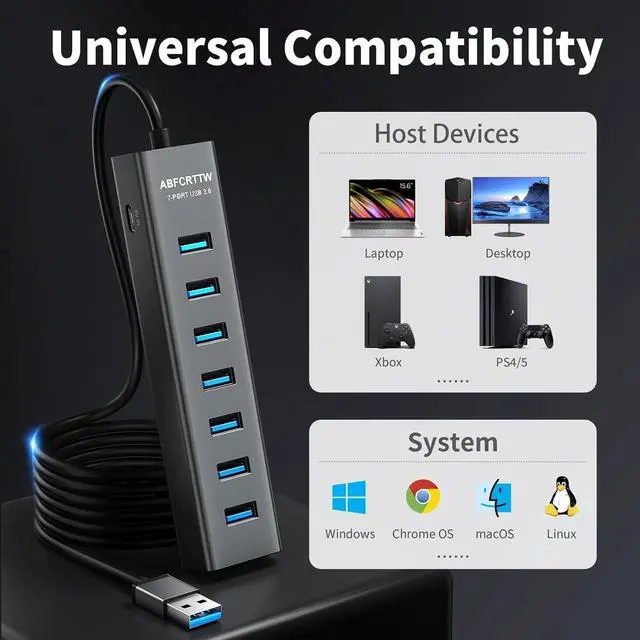 Alt view image 7 of 7 - 6Ft 7-Port USB 3.0 Hub for Desktop Aluminium USB Extender Hub 5Gbps Multiport Adapter Long Cable for Desktop PC Flash Drive Mobile HDD Windows/XPS 1.8m