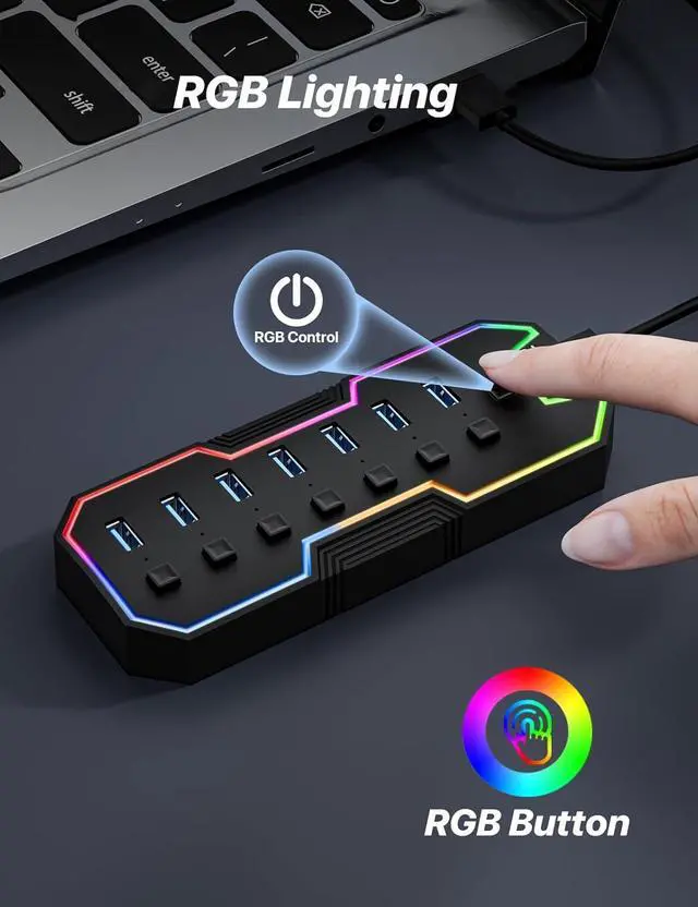 Alt view image 3 of 7 - USB 3.0 Hub 7 Ports USB Expander with RGB LED Strip for MacBook Mac Pro Mac mini iMac Surface Pro XPS PC Flash Drive Mobile HDD