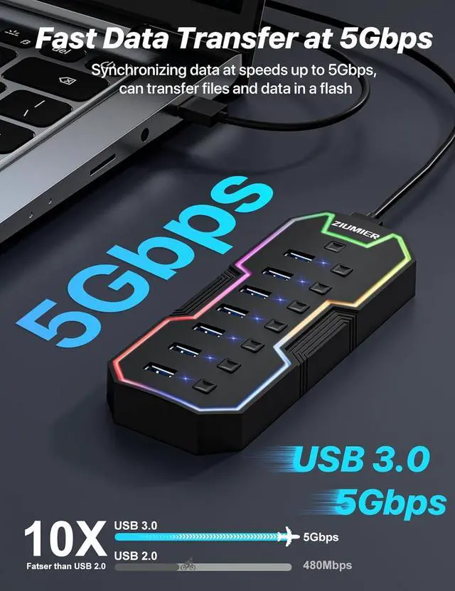 Alt view image 2 of 7 - USB 3.0 Hub 7 Ports USB Expander with RGB LED Strip for MacBook Mac Pro Mac mini iMac Surface Pro XPS PC Flash Drive Mobile HDD