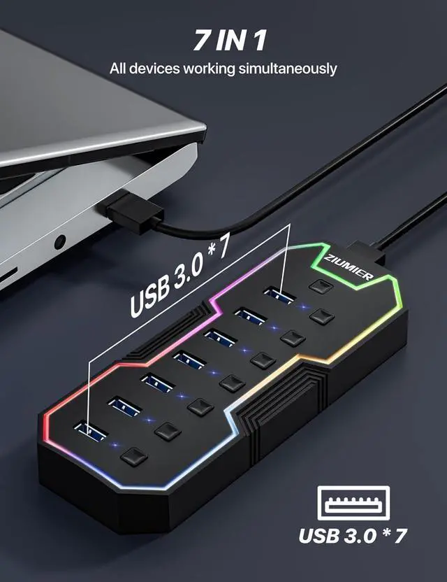 Alt view image 4 of 7 - USB 3.0 Hub 7 Ports USB Expander with RGB LED Strip for MacBook Mac Pro Mac mini iMac Surface Pro XPS PC Flash Drive Mobile HDD