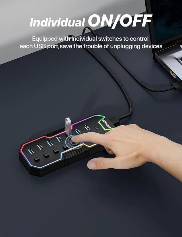 Alt view image 5 of 7 - USB 3.0 Hub 7 Ports USB Expander with RGB LED Strip for MacBook Mac Pro Mac mini iMac Surface Pro XPS PC Flash Drive Mobile HDD