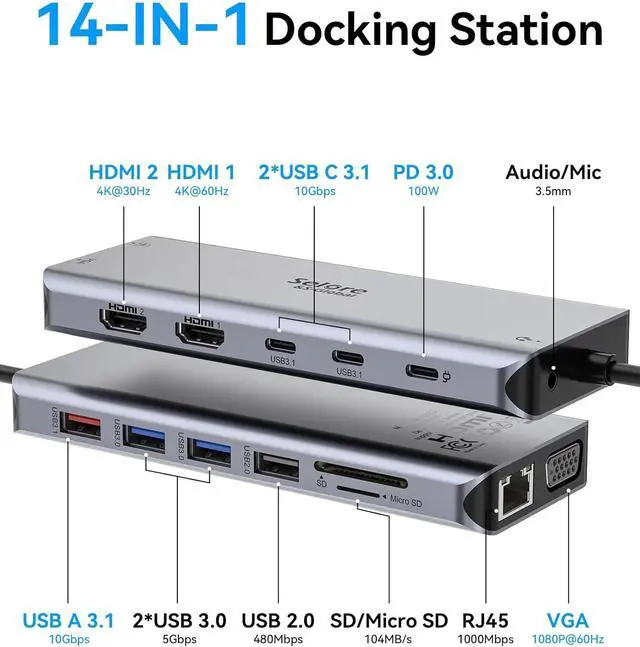Alt view image 2 of 7 - Selore USB C Docking Station Dual Monitor,LaptopDocking Station,14 in 1 Docking Station 3 Monitors with 2 HDMI,VGA,10G USB A/C,100W PD,6 USB A/C Ports,USB C Hub Multiport Adapter for Windows Laptop
