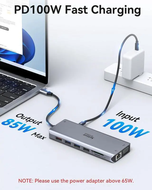 Alt view image 5 of 7 - Selore USB C Docking Station Dual Monitor,LaptopDocking Station,14 in 1 Docking Station 3 Monitors with 2 HDMI,VGA,10G USB A/C,100W PD,6 USB A/C Ports,USB C Hub Multiport Adapter for Windows Laptop