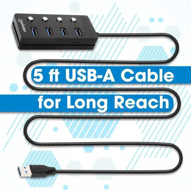 Alt view image 2 of 7 - 4 Port USB Extension Cable Hub with (5ft Long Cord)  USB 3.2 Powered USB Splitter On/Off Switches  USB Extender/Multiport Adapter for Desktop Computer Laptop PC Accessories