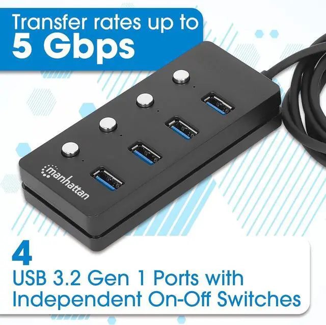 Alt view image 3 of 7 - 4 Port USB Extension Cable Hub with (5ft Long Cord)  USB 3.2 Powered USB Splitter On/Off Switches  USB Extender/Multiport Adapter for Desktop Computer Laptop PC Accessories