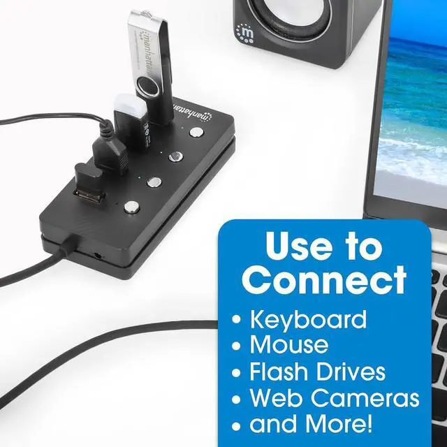 Alt view image 6 of 7 - 4 Port USB Extension Cable Hub with (5ft Long Cord)  USB 3.2 Powered USB Splitter On/Off Switches  USB Extender/Multiport Adapter for Desktop Computer Laptop PC Accessories