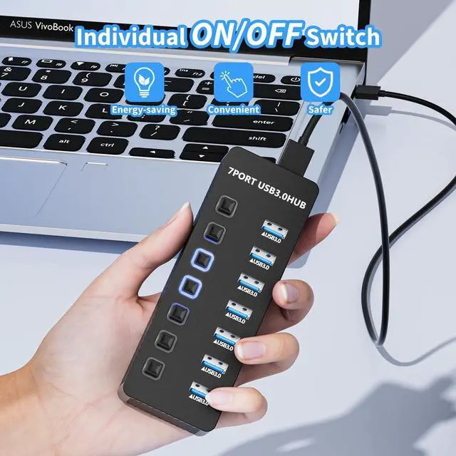 Alt view image 4 of 7 - USB Hub 3.0 7 Port USB Data Hub Splitter with LED Individual On/Off Switches and Lights 5Gbps High Speed USB Port Expander for MacBook Mac Pro Mac Mini iMac Surface Pro XPS PC