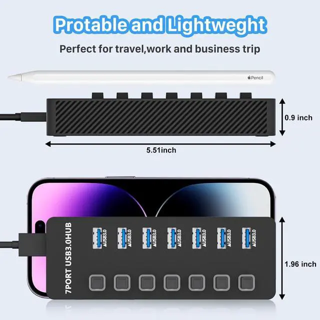 Alt view image 5 of 7 - USB Hub 3.0 7 Port USB Data Hub Splitter with LED Individual On/Off Switches and Lights 5Gbps High Speed USB Port Expander for MacBook Mac Pro Mac Mini iMac Surface Pro XPS PC