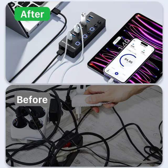 Alt view image 7 of 7 - USB Hub 3.0 7 Port USB Data Hub Splitter with LED Individual On/Off Switches and Lights 5Gbps High Speed USB Port Expander for MacBook Mac Pro Mac Mini iMac Surface Pro XPS PC