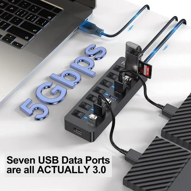 Alt view image 3 of 7 - Powered USB Hub 3.0 5Gbps Data Transfer 7 Ports and 12W Charging-only 1 Port with 5V/3A Power Adapter 4Ft Long Cable & Individual LED Switches for Laptop PC Flash Drive SSD HDD Keyboard Mouse...