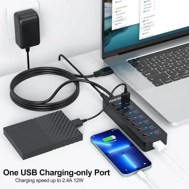 Alt view image 4 of 7 - Powered USB Hub 3.0 5Gbps Data Transfer 7 Ports and 12W Charging-only 1 Port with 5V/3A Power Adapter 4Ft Long Cable & Individual LED Switches for Laptop PC Flash Drive SSD HDD Keyboard Mouse...