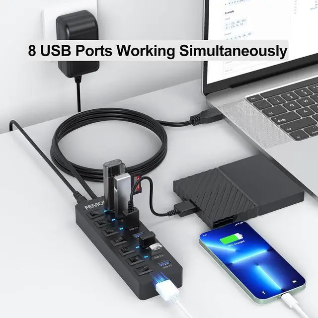 Alt view image 6 of 7 - Powered USB Hub 3.0 5Gbps Data Transfer 7 Ports and 12W Charging-only 1 Port with 5V/3A Power Adapter 4Ft Long Cable & Individual LED Switches for Laptop PC Flash Drive SSD HDD Keyboard Mouse...