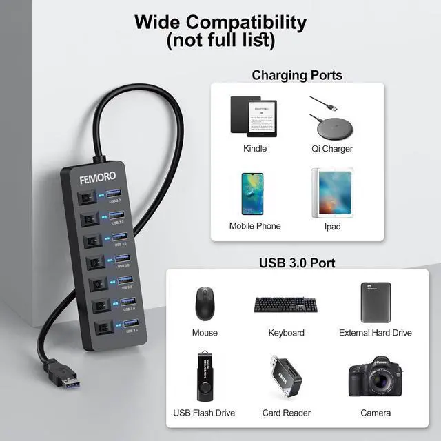 Alt view image 7 of 7 - Powered USB Hub 3.0 5Gbps Data Transfer 7 Ports and 12W Charging-only 1 Port with 5V/3A Power Adapter 4Ft Long Cable & Individual LED Switches for Laptop PC Flash Drive SSD HDD Keyboard Mouse...