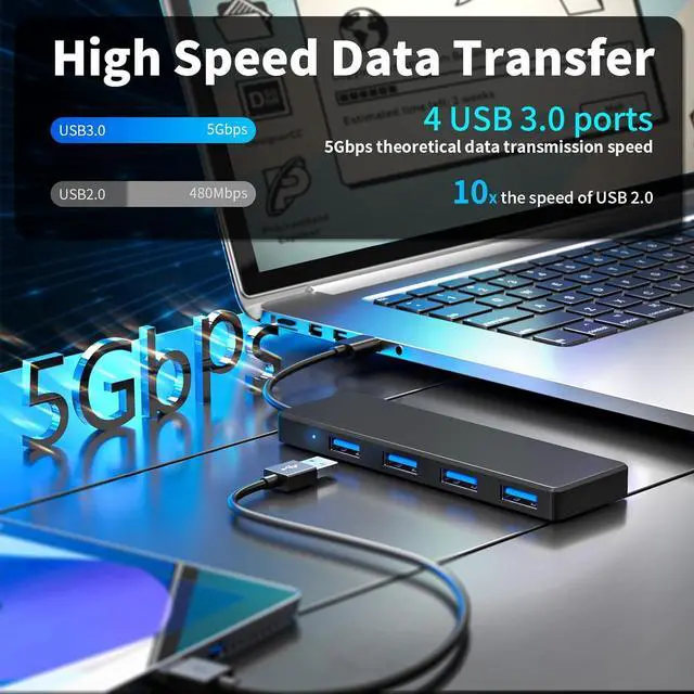 Alt view image 3 of 7 - USB 3.0 Hub 4 Ports USB A Splitter Ultra Slim Mini USB Expander Multiple USB Hub for Laptop PC Xbox Flash Drive HDD Console Printer Camera Keyborad Mouse and More