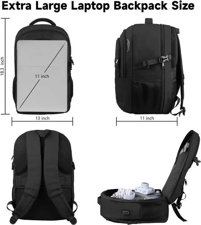 Alt view image 3 of 7 - Travel Backpack Large Carry on Backpack 17 Inch Laptop Bag Big Sturdy TSA-Friendly with USB Port College School Rucksack Bag Gifts for Him Men Women Black