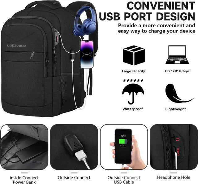 Alt view image 6 of 7 - Travel Backpack Large Carry on Backpack 17 Inch Laptop Bag Big Sturdy TSA-Friendly with USB Port College School Rucksack Bag Gifts for Him Men Women Black