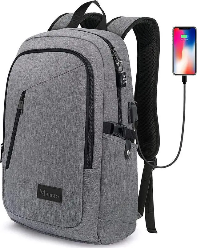 Main image of Mancro Laptop Backpack for Travel, Anti-theft Laptop Backpack for Men Business Backpack Work Daypack with USB Charging Port & Lock, Water Resistant Travel Computer Bag Daypack, Grey