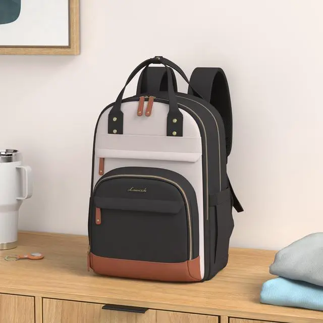 Alt view image 2 of 7 - LOVEVOOK Laptop Backpack Women with Giant Tumbler Holder,15.6 inch Waterproof Work Travel Backpack Computer Laptop Bag,Cute College Nurse Teacher Backpack Purse,Gifts for Women & Men,Beige-Black-Brown
