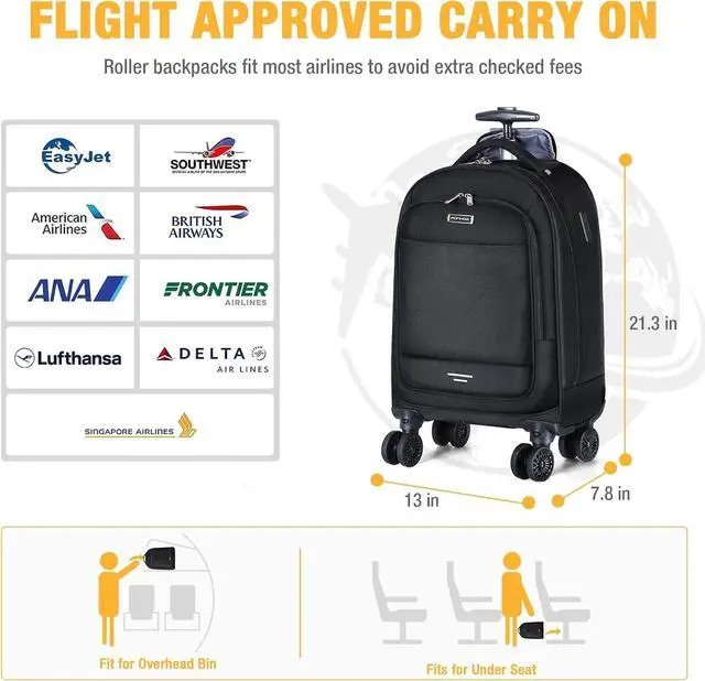 Alt view image 3 of 7 - Rolling Backpack - 17 inch Laptop Backpack with 4 Spinner Wheels Carry on Travel Backpack Water Resistant Wheeled Backpacks for Women Men Suitable for Overnight College Work Black