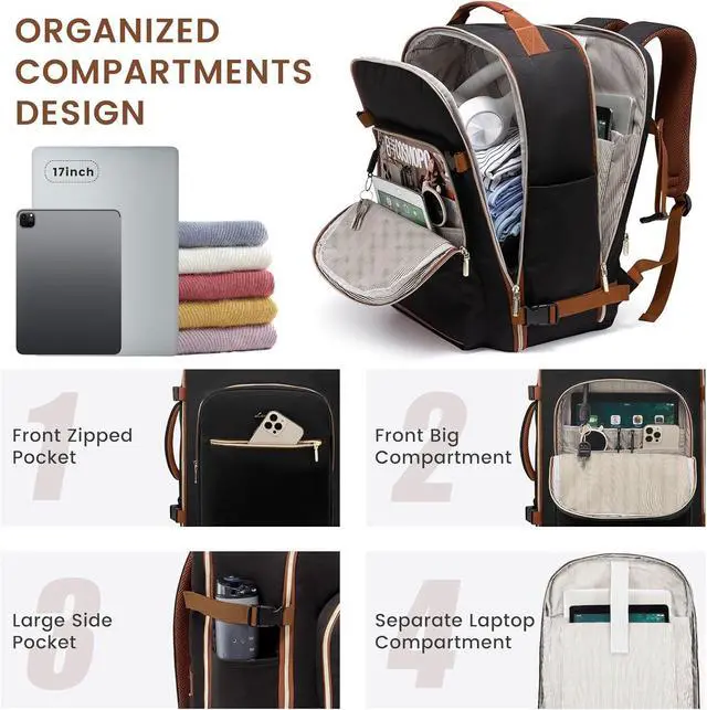 Alt view image 2 of 7 - 40L Large Travel Backpack for Women Men 17 Inch Carry on Backpack for Traveling on Airplane Personal Item Bag Airline Approved Business Causal Weekender Backpack Black-Brown
